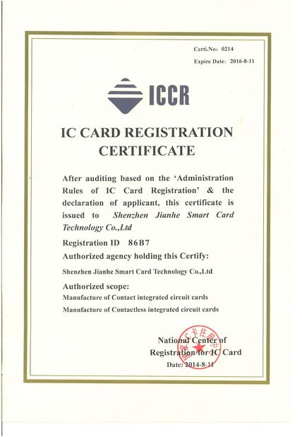 China Shenzhen jianhe Smartcard Technology Co.,Ltd Certificaten